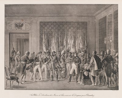 Maires of Paris modtager Austerlitz flag, begyndelsen af det 19. århundrede (litho) af Charles Etienne Pierre Motte
