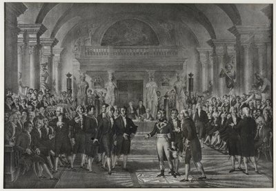 Modtagelse af Napoleon Bonaparte på Instituttet, klasse for fysik og matematik, afdeling for mekanisk kunst den 25. december af Charles Etienne Pierre Motte