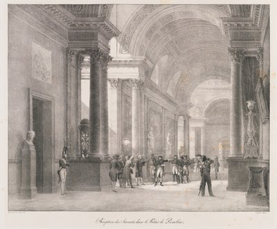Modtagelse af Savants, begyndelsen af det 19. århundrede (litho) af Charles Etienne Pierre Motte