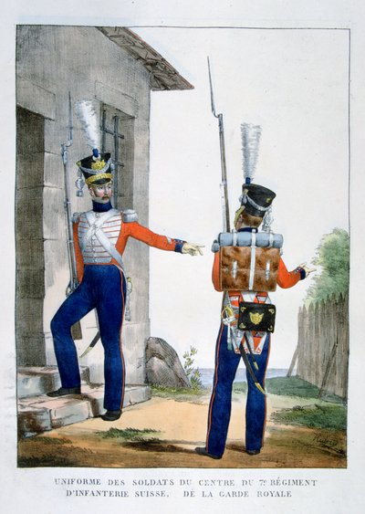 Uniform fra det schweiziske 7. regiment af infanteri af den kongelige garde, Frankrig, 1823. af Charles Etienne Pierre Motte