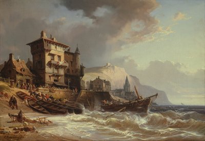 At trække bådene i land på Bretagnes kyst, 1800-tallet af Charles Euphrasie Kuwasseg