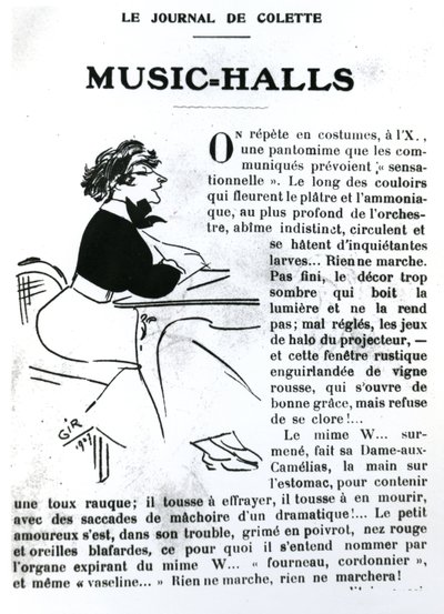 Karikatur af Colette fra hendes essay om Musiksale i Vrilles de la Vigne, udgivet i La Vie Parisienne, Paris, 1908 af Charles Felix Gir