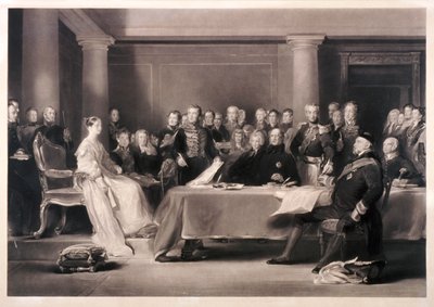 Dronning Victoria præsiderede i rådet ved hendes overtagelse af tronen, 1846 af Charles Fox