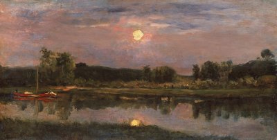A Moonlit River Landscape, ca. 1855 (olie om bord) af Charles Francois Daubigny