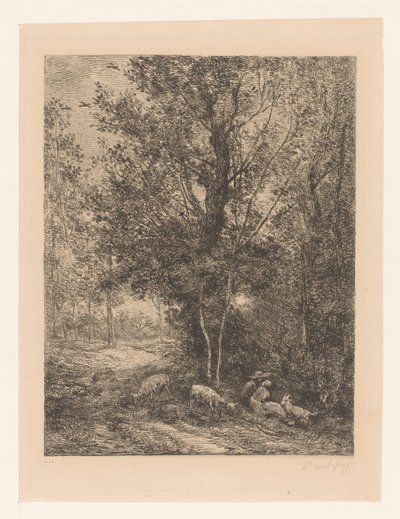 Skov med hvilende gedehyrder Le berger et la bergere af Charles Francois Daubigny