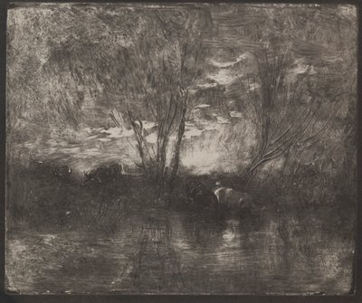 Køer på et vandingssted, originalt aftryk 1862, trykt i 1921. af Charles Francois Daubigny