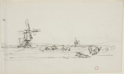 Landskab i Holland (recto); Skitse af vindmøller ved vand (verso) af Charles Francois Daubigny