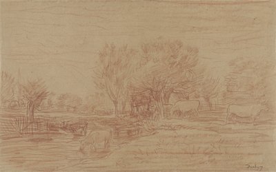 Landskab med græssende og drikkende køer og en seende tyr af Charles Francois Daubigny