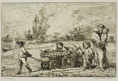 Flytter ind med vognen (bådens møbler) af Charles Francois Daubigny