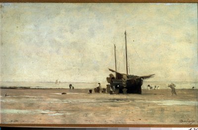 ""Seascape"" En sejlbåd på sandet ved lavvande. Maleri af Charles Francois Daubigny (1817-1878) 1868-1872 Pushkin Museum, Moskva af Charles Francois Daubigny