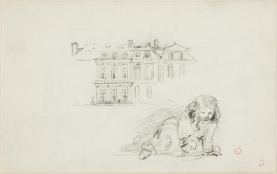 Skitser: Hotel de Ville, Tours og en legende pige (recto); stork (verso) af Charles Francois Daubigny