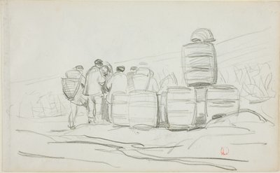 Studie af en gruppe mennesker med tønder (recto); to studier af en kvinde, der sanker (verso) af Charles Francois Daubigny