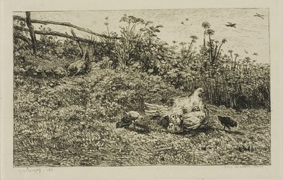 Hønen og hendes kyllinger af Charles Francois Daubigny
