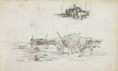 To skitser af okser, der trækker en træstamme af Charles Francois Daubigny