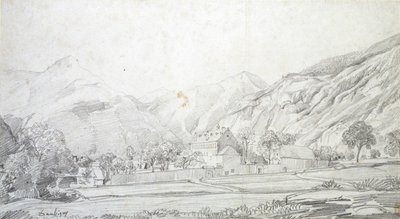 Udsigt over bygninger i en muret indhegning med bjerge i baggrunden, midten af det 19. århundrede af Charles Francois Daubigny