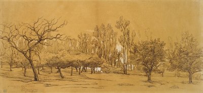 Udsigt over en frugthave ved Saint-Denis (pen og sort blæk, forstærket med hvid kropsfarve og berørt med sort kridt eller trækul, på stift råhvidt papir) af Charles Francois Daubigny
