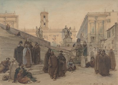 Campidoglio set fra trappen til Aracoeli-kirken, Rom, ved solnedgang, 1846. af Charles Francois Houel