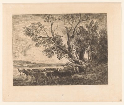 Landskab med vadekvæg le gue af Charles François Daubigny (attributed to)