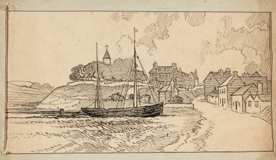 En sejlbåd på stranden ved lavvande, ved en bane, der fører op mod en landsby af Charles George Harper