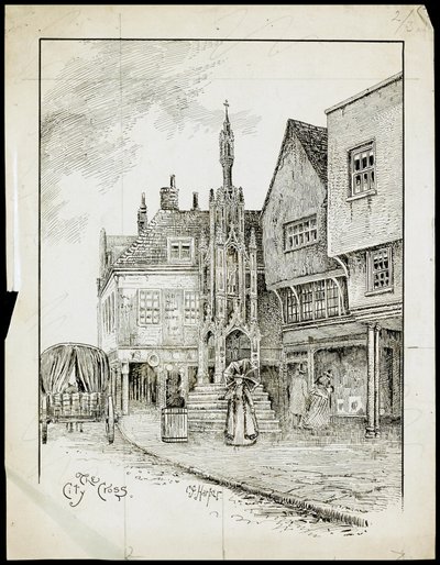 En udsigt fra den nordvestlige del af Butter Cross, High Street, Winchester, Hampshire (pen og blæk på papir) af Charles George Harper