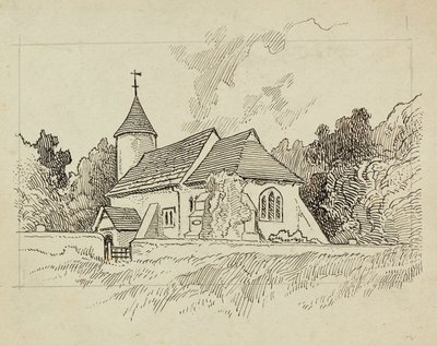 Udvendigt billede af en uidentificeret kirke (pen og blæk på papir) af Charles George Harper