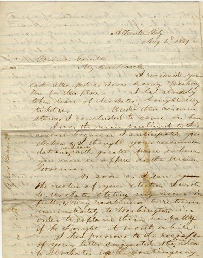 Brev underskrevet C. Gibson [Charles Gibson], Atlantic City, til guvernør Gamble [Hamilton R. Gamble], 2. august 1861 af Charles Gibson