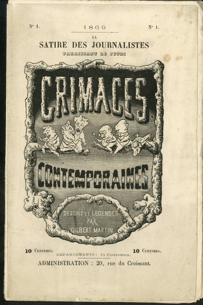 Illustration af Charles Gilbert-Martin (1839-1905) til forsiden af "" Contemporary Grimaces"" af Charles Gilbert Martin