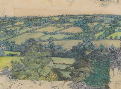 Applehayes, ca. 1912 (blyant, farveblyant, pen og blåt blæk på papir) af Charles Ginner