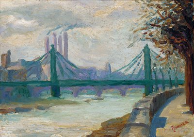 Battersea Power Station fra Chelsea Embankment (olie på panel) af Charles Ginner