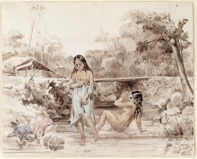 Tahitians Bathing, 1844 (pen og vask på papir) af Charles Giraud
