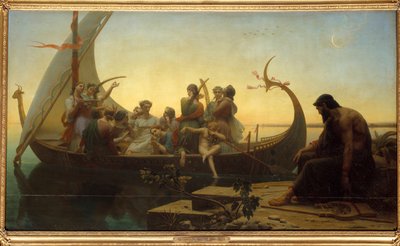 Fortabte illusioner eller aften En allegorisk scene, der skildrer karakterer på en afgående drakkar, en mand bliver ved kajen med en lyre. Maleri af Charles Gleyre (1806-1874) 1800-tallet søn. 1,56x2,38 m af Charles Gleyre