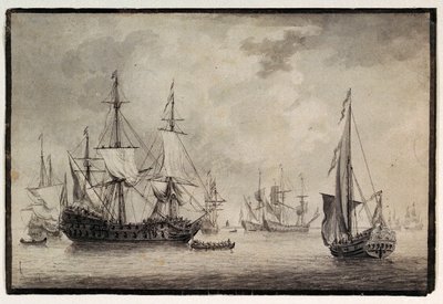 Hollandsk krigsskib, statsyacht og fjerntliggende skibe i en havn, slutningen af det 18. århundrede (pen, blæk) af Charles Gore