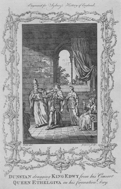 Dunstan trækker kong Edwy fra sin gemalinde dronning Ethelgiva på hans kroningsdag, 1773. af Charles Grignion
