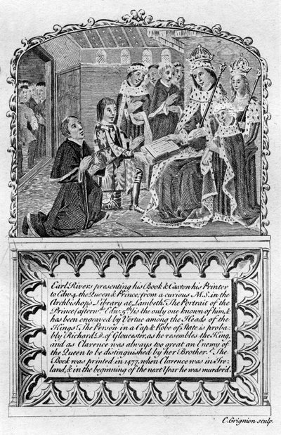 Earl Rivers præsenterer sin bog til kong Edward IV, c1477 i slutningen af det 18. eller det tidlige 19. århundrede af Charles Grignion