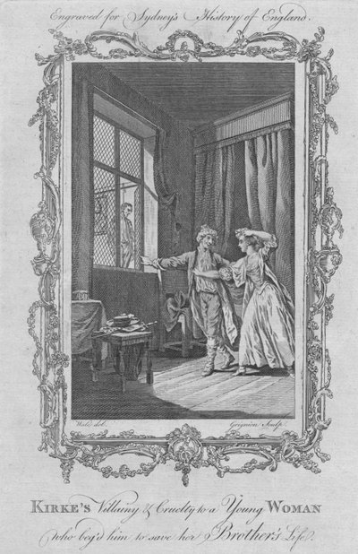 Kirkes skurk og grusomhed mod en ung kvinde, der tryglede ham om at redde hans brødres liv, 1773. af Charles Grignion