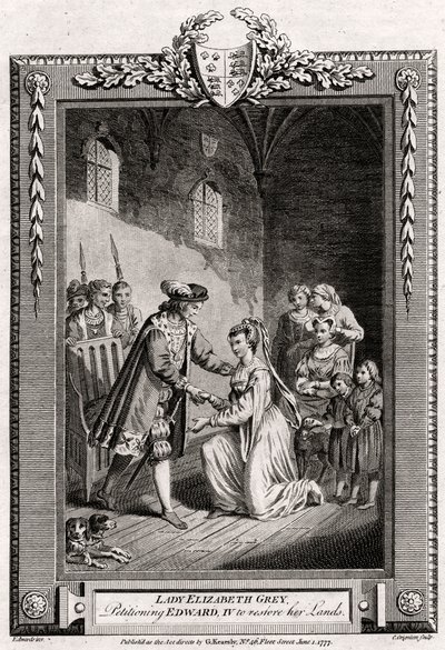 Lady Elizabeth Grey, der anmodede Edward IV om at genoprette sine lande, 15. århundrede, 1777 af Charles Grignion