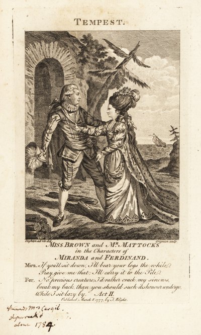 Miss Ann Brown og Mr. George Mattocks i figurerne Miranda og Ferdinand i en operaversion af William Shakespeares The Tempest, Covent Garden Theatre af Charles Grignion