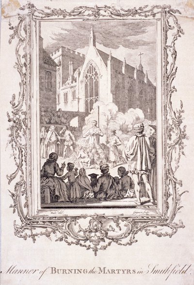 Scene af protestanter, der bliver brændt i Smithfield, 1500-tallet, c1760. af Charles Grignion
