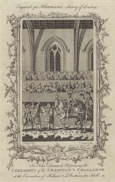 Sir John Dimmock udfører ceremonien for Champions Challenge ved Coronation of Richard II i Westminster Hall, 1377 af Charles Grignion