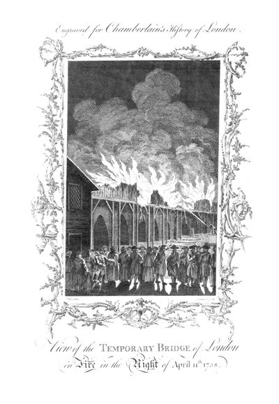Udsigt over den midlertidige bro i London i brand...1758., c1770 af Charles Grignion