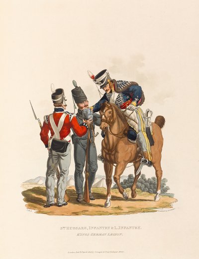 3. husarer, infanteri og let infanteri. Kongens tyske legion, ca. 1815 (akvatint) af Charles Hamilton (after) Smith