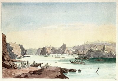Muscat-bækken (Oman). Maleri af oberstløjtnant Charles Hamilton Smith (1776-1859) af Charles Hamilton Smith