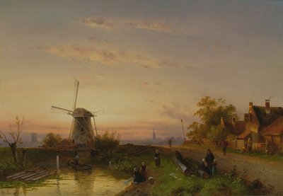 Vindmølle ved solnedgang af Charles Henri Joseph Leickert