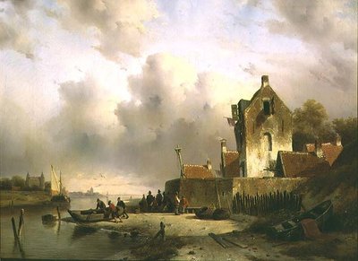 En flodmunding med fiskere ved en kaj af Charles Henri Joseph Lieckert