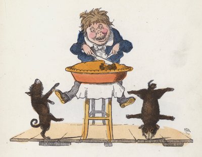 Dreng spiser en tærte, mens hans hund udfører akrobatiske bedrifter (farvegravering) af Charles Henry (after) Bennett