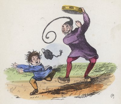 Dreng skræmt af en kineser, der spiller en tamburin (farvet indgravering) af Charles Henry (after) Bennett