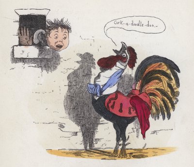 Dreng vækket af en hane, der galer (farvet indgravering) af Charles Henry (after) Bennett