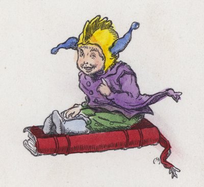 Figur, der sidder på en bog og bærer en gøglerhat (farvet indgravering) af Charles Henry (after) Bennett