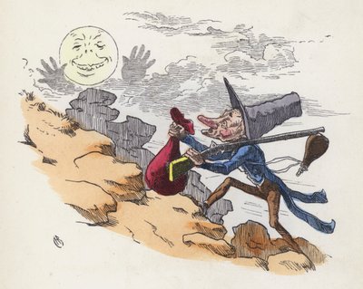 Mand klatrer op på en bakke for at skyde på månen (farvet indgravering) af Charles Henry (after) Bennett