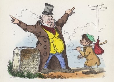 Mand giver forvirrende anvisninger til en rejsende på vej til London (farvet indgravering) af Charles Henry (after) Bennett